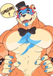  1boy animal_ears bara bear_boy bear_ears black_bow black_bowtie blush bow bowtie bracelet english_text fingernails five_nights_at_freddy&#039;s five_nights_at_freddy&#039;s:_security_breach freddy_fazbear furrification furry furry_male glamrock_freddy hat highres istani jewelry large_pectorals looking_at_viewer male_focus mini_hat mini_top_hat muscular muscular_male no_nipples pectorals personification purple_eyes raised_eyebrows sharp_fingernails solo spiked_bracelet spikes sweatdrop thick_eyebrows top_hat upper_body 