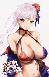  american_flag american_flag_bikini american_flag_print bare_shoulders bikini blue_eyes breasts closed_mouth collarbone commentary_request cosplay fate/grand_order fate_(series) female flag_print front-tie_bikini_top front-tie_top hair_bun highres jacket katase_bono lips looking_at_viewer medium_breasts miyamoto_musashi_(fate) miyamoto_musashi_(swimsuit_berserker)_(fate) miyamoto_musashi_(swimsuit_berserker)_(second_ascension)_(fate) navel off_shoulder pink_hair print_bikini simple_background single_hair_bun solo star_(symbol) star_print stomach striped sweat sweatdrop swimsuit upper_body 