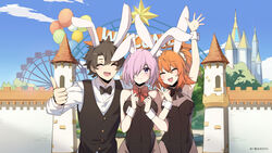  1boy 2girls absurdres ahoge alternate_costume animal_ears arm_up artist_name bare_shoulders black_bow black_bowtie black_hair black_leotard black_vest blue_sky bow bowtie breasts buttons chinese_zodiac closed_eyes closed_mouth cloud commentary_request day fate/grand_order fate_(series) ferris_wheel fujimaru_ritsuka_(female) fujimaru_ritsuka_(male) hair_ornament hair_over_one_eye hair_scrunchie highres kemonomimi_mode leotard light_purple_hair long_sleeves looking_at_viewer mash_kyrielight medium_breasts miaotai_miota multiple_girls one_eye_covered open_mouth orange_hair playboy_bunny purple_eyes rabbit_ears red_bow red_bowtie scrunchie shirt short_hair side_ponytail sky smile strapless strapless_leotard v vest white_scrunchie white_shirt wrist_cuffs year_of_the_rabbit 