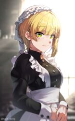  alternate_costume apron bangs banned_artist black_shirt blonde_hair blurry blurry_background closed_mouth dress_shirt enmaided eyebrows_visible_through_hair female green_eyes highres idolmaster idolmaster_cinderella_girls idolmaster_cinderella_girls_starlight_stage long_sleeves maid miyamoto_frederica sake_dong shiny shiny_hair shirt short_hair smile solo twitter_username white_apron white_headwear 