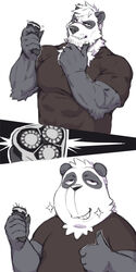  1:2 2022 anthro bear clothed clothing electric_razor facial_hair fully_clothed gesture giant_panda hand_gesture hi_res humor jacketbear jacketbear_(character) male mammal muscular muscular_anthro muscular_male razor shaving simple_background slightly_chubby slightly_chubby_male solo the_little_panda_fighter thumbs_up tools toony 