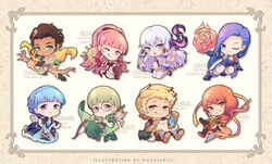  4boys 4girls :q axe blonde_hair blue_hair boots bow_(weapon) braid brown_eyes brown_hair cape character_name chibi claude_von_riegan crown_braid dakiarts dark-skinned_male dark_skin dress earrings failnaught_(fire_emblem) feline fire_emblem fire_emblem:_three_houses fish freikugel_(weapon) glasses gloves green_eyes green_hair grin hair_ornament highres hilda_valentine_goneril holding holding_axe holding_bow_(weapon) holding_weapon ignatz_victor jewelry leonie_pinelli long_hair long_sleeves lorenz_hellman_gloucester lysithea_von_ordelia marianne_von_edmund multiple_boys multiple_girls one_eye_closed orange_eyes orange_hair pink_eyes pink_hair polearm ponytail purple_eyes purple_hair quiver raphael_kirsten red_gloves short_hair sitting smile tongue tongue_out twitter_username weapon white_hair white_legwear yellow_cape 