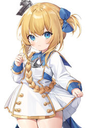  azur_lane blonde_hair blue_bow blue_eyes bow braid closed_mouth coat_dress douya_(233) dress duplicate eyebrows female gold_trim hair_ornament hairbow little_renown_(azur_lane) long_sleeves looking_at_viewer military military_uniform open_mouth pixel-perfect_duplicate ribbon sailor_collar sailor_dress short_hair sidelocks simple_background single_braid skirt_hold solo uniform white_background 