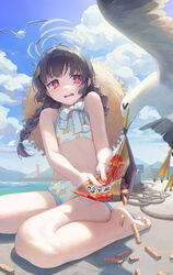  bare_legs barefoot bikini bird black_hair blue_archive braid bright_pupils commentary feet female flat_chest halo hat hat_on_back highres korean_text legs looking_at_animal miyu_(blue_archive) miyu_(swimsuit)_(blue_archive) navel nyamunyamu official_alternate_costume outdoors red_eyes rope seagull sitting snack solo straw_hat swimsuit tears toes twin_braids wariza white_bikini 