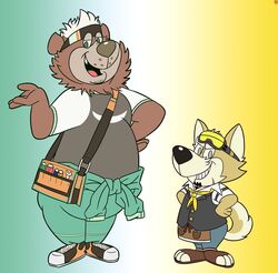  anthro bear belly brandonthehusky canid canine canis domestic_dog duo eyewear goggles goro_(live_a_hero) hanna-barbera hi_res lifewonders live_a_hero male mammal parody procy size_difference slightly_chubby style_emulation yogi_bear 