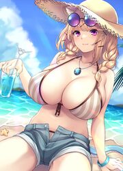  absurdres animal_ear_fluff animal_ears arknights bare_shoulders bikini black-framed_eyewear blonde_hair blue_bra blue_nails blue_shorts blue_sky blush bra bracelet braid breasts brown_bikini brown_hair brown_hat cleavage closed_mouth cloud cloudy_sky collarbone commentary cowboy_shot crazy_straw cup day drink drinking_glass drinking_straw eyewear_on_head female front-tie_bikini_top front-tie_top hair_ornament hairclip hat heart_straw highres holding holding_cup holding_drink huge_breasts jewelry light_brown_hair light_rays long_hair looking_at_viewer medium_hair nail_polish nameko_houshi navel necklace ocean oerba_yun_fang official_alternate_costume on_ground open_clothes open_fly open_shorts outdoors purple-tinted_eyewear purple_eyes round_eyewear sand shorts sitting skin_fang sky smile solo sparkle starfish straw_hat striped_bikini striped_clothes sun_hat sunbeam sunglasses sunlight swimsuit tail tinted_eyewear twin_braids underwear utage_(arknights) utage_(summer_flowers)_(arknights) vertical-striped_bikini vertical-striped_clothes water x_hair_ornament yellow_hat 