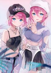  2girls absurdres ancotaku arm_behind_back baseball_cap belt beret blue_eyes blush breasts cleavage closed_mouth collarbone crop_top earrings fingernails gradient_background hand_up hat highres jewelry long_hair looking_at_viewer medium_breasts midriff multiple_girls nail_polish navel necklace off_shoulder original pants pink_hair pleated_skirt ring scan short_hair skirt sleeveless small_breasts smile stomach turtleneck v 