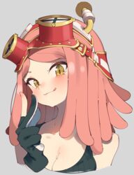  :q black_gloves blush boku_no_hero_academia breasts cleavage female fingerless_gloves gloves goggles goggles_on_head grey_background hatsume_mei highres looking_at_viewer medium_breasts pink_hair rasusurasu short_hair simple_background solo tongue tongue_out upper_body yellow_eyes 