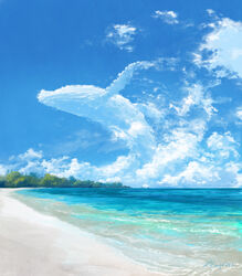  artist_name beach blue_sky cloud cloud_focus day flying_whale hachiya_shohei highres humpback_whale no_humans ocean original outdoors photoshop_(medium) scenery sky whale white_whale 