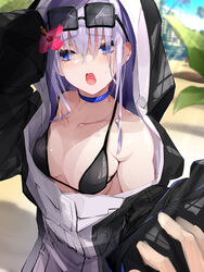  1other animal_hood bare_shoulders beach bikini black_bikini black_jacket blue_bow blue_eyes blurry blurry_background blush bow breasts building choker collarbone eyewear_on_head fate/grand_order fate_(series) female flower hair_flower hair_ornament highres hood hood_up jacket light_rays long_hair long_sleeves looking_to_the_side meltryllis_(fate) meltryllis_(swimsuit_lancer)_(fate) meltryllis_(swimsuit_lancer)_(first_ascension)_(fate) open_mouth outdoors penguin_hood pov pov_hands purple_hair sand sleeves_past_fingers sleeves_past_wrists small_breasts solo_focus sunglasses swimsuit vane_(vane0) very_long_hair 