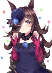  :t animal_ears blue_flower blue_hat blue_rose blush breasts brown_hair commentary dress female flower hair_over_one_eye hat hat_flower highres horse_ears horse_girl long_hair looking_at_viewer off-shoulder_dress off_shoulder open_mouth purple_dress purple_eyes red_sleeves rice_shower_(umamusume) rose setu_(shining12) solo umamusume upper_body white_background 