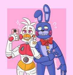  2020 animatronic anthro avian bird blue_body bow_tie buckteeth chicken duo electronics eyebrows female five_nights_at_freddy&#039;s freddy_fazbear&#039;s_pizzeria_simulator funtime_chica_(fnaf) galliform gallus_(genus) gesture hair half-closed_eyes hand_gesture lagomorph leporid long_ears machine male mammal narrowed_eyes phasianid phone pink_cheeks pink_eyes purple_cheeks rabbit robot rockstar_bonnie_(fnaf) scottgames selfie sharp_teeth slopsa-mind standing star teeth v_sign white_body 