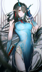  absurdres arknights arm_tattoo bead_bracelet beads black_hair bracelet breasts china_dress chinese_clothes colored_skin dress dusk_(arknights) dusk_(everything_is_a_miracle)_(arknights) earrings female green_dress green_skin hand_up highres hiyaori_(hiyahiyaval) holding holding_sword holding_weapon horns jewelry long_hair looking_at_viewer medium_breasts multicolored_hair official_alternate_costume pelvic_curtain pointy_ears red_eyes side_slit solo streaked_hair sword tail tassel tassel_earrings tattoo thighs very_long_hair weapon 