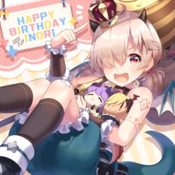  absurdres ahoge bad_id bad_pixiv_id bandaid bandaid_on_knee bandaid_on_leg bare_shoulders black_footwear black_horns black_socks blue_shorts boots brown_hair character_doll character_name commentary_request crossed_bandaids crown dated dragon_girl dragon_horns dragon_tail dragon_wings eyebrows_hidden_by_hair feet_out_of_frame female frilled_shorts frills hair_over_one_eye hand_up happy_birthday highres horns ichiren_namiro index_finger_raised inori_(princess_connect!) kneehighs long_hair looking_at_viewer low_twintails mini_crown open_mouth princess_connect! puffy_shorts red_eyes shorts socks solo tail tilted_headwear twintails white_wings wings 