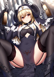  alma_(artery_gear) armored_boots artery_gear artery_gear:_fusion bare_shoulders black_dress black_footwear black_gloves black_thighhighs blonde_hair blush boots breast_curtains breasts center_opening chains chinese_commentary cleavage cleavage_cutout clothing_cutout commentary_request covered_navel cross dress dutch_angle elbow_gloves female garter_straps gloves habit hand_up heart highres horns knee_boots knees_up large_breasts long_hair looking_at_viewer nun on_floor parted_lips pelvic_curtain red_eyes sitting skindentation smile solo spread_legs teeth thighhighs thighs wsman 