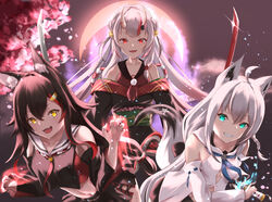  3girls ahoge animal_ear_fluff animal_ears ayafubumi_(hololive) bare_shoulders black_hair black_shirt blue_neckerchief braid breasts cherry_blossoms claw_pose collarbone commentary_request detached_sleeves double_bun dual_wielding fangs fox_ears fox_girl fox_tail full_moon glint green_eyes grin hair_between_eyes hair_bun hair_ornament hairclip highres holding holding_sword holding_weapon hololive hololive_alternative hood hoodie japanese_clothes katana kimono koh_kaede light_particles long_hair looking_at_viewer midriff moon multicolored_hair multiple_girls nakiri_ayame nakiri_ayame_(1st_costume) navel neckerchief night night_sky oerba_yun_fang ookami_mio ookami_mio_(1st_costume) open_mouth petals red_eyes red_hair red_kimono red_neckerchief sheath shirakami_fubuki shirakami_fubuki_(1st_costume) shirt sidelocks single_braid skin_fang sky small_breasts smile streaked_hair sword tail two-tone_hair unsheathing virtual_youtuber weapon white_hair white_hoodie wolf_ears wolf_girl yellow_eyes 