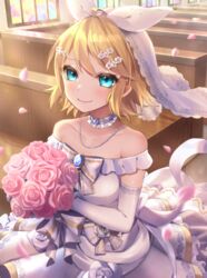  aqua_eyes bare_shoulders blonde_hair blush bouquet bow bridal_veil closed_mouth collar commentary dress elbow_gloves female flower gloves hair_between_eyes hair_flower hair_ornament hair_ribbon highres indoors jewelry kagamine_rin looking_at_viewer petals pink_flower pink_rose ribbon rose short_hair smile solo soramame_pikuto stained_glass standing sunlight upper_body veil vocaloid wedding_dress white_dress white_gloves 