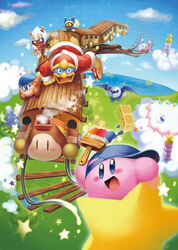  bandana bandana_waddle_dee baseball_cap bat_wings blue_eyes blue_sky cloud coat flying hat instrument king_dedede kirby kirby_(series) kracko magolor marx_(kirby) mask meta_knight mountain paint rayman_limbs rike_(pixiv) scared sky smile star_(symbol) tambourine taranza train tree warp_star wings yellow_eyes 