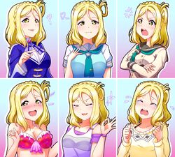  :3 :p ? absurdres anger_vein bikini blonde_hair blush breasts brightest_melody cleavage clenched_hands closed_eyes crying english_commentary expressions female hand_on_own_chest heart highres love_live! love_live!_sunshine!! medium_breasts multiple_views ohara_mari ok_sign open_mouth pointing school_uniform smug swimsuit tongue tongue_out tsumikiy uranohoshi_school_uniform vest yellow_eyes 