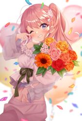  balloon bare_shoulders blurry blurry_background chobi_(penguin_paradise) clenched_teeth commentary_request confetti crying crying_with_eyes_open depth_of_field female flower hair_between_eyes hand_up harumi_sakurai_(kazane) head_tilt highres hugging_object indie_virtual_youtuber long_hair long_sleeves one_eye_closed one_side_up orange_flower orange_rose pink_flower pink_hair pink_rose puffy_long_sleeves puffy_sleeves purple_eyes red_flower red_rose rose see-through see-through_sleeves shirt simple_background skirt solo tears teeth virtual_youtuber white_background white_flower white_shirt white_skirt wiping_tears yellow_flower yellow_rose 