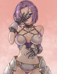  armor arrow_(symbol) bikini_armor blue_eyes blush breasts cleavage embarrassed female gauntlets hand_over_face jun_(princess_connect!) jun_(summer)_(princess_connect!) kurushima_gire large_breasts looking_at_viewer navel official_alternate_costume parted_bangs parted_lips princess_connect! purple_hair red_background simple_background sky steam stomach sweat swimsuit wet wet_hair 