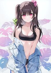  absurdres ancotaku bare_shoulders bikini black_bikini black_hair blush breasts closed_mouth collarbone female hair_ornament hair_scrunchie highres jacket lips long_hair long_sleeves looking_at_viewer medium_breasts navel off_shoulder original purple_eyes scan scrunchie solo stomach swimsuit 