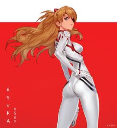  artist_name ass blue_eyes bodysuit breasts character_name closed_mouth cowboy_shot evangelion:_3.0+1.0_thrice_upon_a_time eyepatch female from_behind gloves hand_on_own_hip highres kim_hana long_hair looking_at_viewer looking_back neon_genesis_evangelion one_eye_covered orange_hair plugsuit ponytail rebuild_of_evangelion red_background small_breasts solo souryuu_asuka_langley standing two-tone_background white_bodysuit white_gloves 