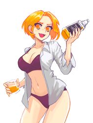  :d alcohol blonde_hair bottle bra breasts cleavage cup female hcnone holding holding_bottle holding_cup looking_at_viewer midriff navel oerba_yun_fang open_clothes open_mouth original panties shirt short_hair simple_background smile solo standing underwear whiskey whiskey_(hcnone) white_background white_shirt yellow_eyes 