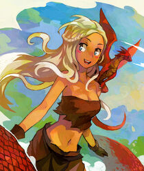  :d a_song_of_ice_and_fire bare_shoulders blue_eyes blush_stickers braid breasts bright_pupils brown_gloves cleavage commentary daenerys_targaryen dragon english_commentary female french_braid game_of_thrones gloves long_hair navel niking open_mouth photoshop_(medium) rags signature smile solo white_hair white_pupils 