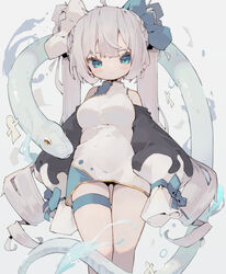  absurdres ahoge animal aqua_bow aqua_eyes aqua_ribbon arms_at_sides bare_shoulders black_sleeves bow breasts china_dress chinese_clothes closed_mouth detached_sleeves dress expressionless feet_out_of_frame female grey_hair hairbow highres legs_together light_blush long_hair looking_at_viewer looking_down medium_breasts nep_(nep_76) original puffy_sleeves ribbon sleeves_past_fingers sleeves_past_wrists snake solo thigh_gap thigh_strap tsurime twintails very_long_hair white_background white_bow white_dress white_snake 