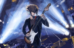  1boy black_jacket black_pants brown_eyes brown_hair brown_shirt commentary cowboy_shot electric_guitar guitar holding holding_instrument instrument jacket looking_to_the_side male_focus moribuden music pants playing_instrument shirt short_hair solo spotlight symbol-only_commentary yu-gi-oh! yu-gi-oh!_gx yuki_judai 