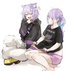  2girls :d ahoge animal_ear_fluff animal_ears barefoot black_eyes black_hoodie black_shirt blue_hair blush cat_ears cat_girl cat_tail closed_eyes clothes_lift clothes_writing collarbone colored_inner_hair commentary_request feline finger_to_own_chin grey_fur hair_between_eyes hair_bobbles hair_ornament highres hololive hood hood_down hoodie indian_style kase_(kurimuzone_oruta) laughing lifting_own_clothes long_hair long_sleeves looking_at_another midriff minato_aqua multicolored_hair multiple_girls neko_(minato_aqua) nekomata_okayu nekomata_okayu_(1st_costume) notice_lines on_floor open_mouth pants purple_eyes purple_hair purple_shorts shirt shirt_lift shoes short_hair short_shorts short_sleeves shorts simple_background sitting smile smug t-shirt tail tearing_up temari_(nekomata_okayu) twintails two-tone_hair virtual_youtuber whiskers white_background yellow_footwear yokozuwari 