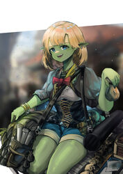  absurdres alternate_skin_color bag blonde_hair blue_eyes blue_shorts bob_cut bow bowtie bracelet capelet colored_skin corset ear_piercing fangs female female_goblin goblin green_skin grey_capelet highres hololive hololive_english jewelry long_pointy_ears looking_at_viewer map medium_hair monsterification mythbreakers_(hololive_english) open_mouth piercing pointy_ears potion red_bow shirt short_shorts shorts sitting solo teeth thighs virtual_youtuber vyragami watoto_(mythbreakers) watson_amelia white_shirt world_of_darkness 