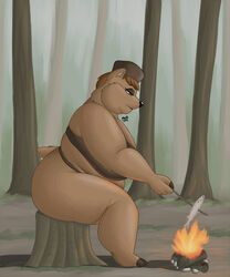  5:6 anthro bear bigladydragon campfire female fish food mammal marine meat plant solo tree tree_stump 