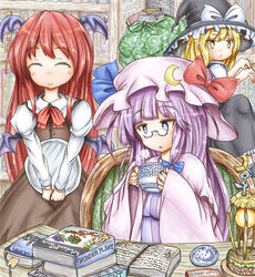  3girls arms_up bat_wings black_skirt blonde_hair blush book book_stack bookshelf bow bowtie braid brown_skirt brown_vest chair closed_eyes commentary_request crescent crescent_hat_ornament cup disposable_coffee_cup disposable_cup dress glasses hat hat_ornament hat_ribbon head_wings highres holding holding_cup holding_tray juliet_sleeves karakusa_(pattern) kirisame_marisa koakuma lantern long_hair long_sleeves looking_at_another looking_down mob_cap multiple_girls o3o open_book parted_lips patchouli_knowledge pince-nez pink_headwear pink_robe puffy_sleeves purple_eyes purple_hair red_bow red_bowtie red_hair ribbon robe sack saucer shirt sidelocks single_braid sitting skirt smile sneaking standing standing_on_one_leg striped_clothes striped_dress table theft touhou tray v_arms very_long_hair vest white_shirt wings witch_hat yellow_eyes ys_(ytoskyoku-57) 