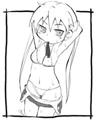  armpits arms_behind_head bikini blush border closed_mouth commentary_request cowboy_shot dripping female greyscale kill_me_baby long_hair monochrome mouth_hold navel outside_border simple_background solo sonya_(kill_me_baby) standing swimsuit twintails white_background zubatto_(makoto) 