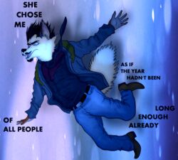  2014 anthro archived_source biped black_hair black_nose canid canine clothed clothing dipstick_ears dipstick_tail ear_markings english_text facial_hair falling fluffy fluffy_tail fox fredryk_phox fredryk_phox_(character) fully_clothed fur grey_highlights hair heterochromia highlights_(coloring) male mammal markings multicolored_body multicolored_ears multicolored_fur multicolored_hair open_mouth pink_inner_ear solo tail tail_markings text 