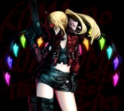  aged_up alternate_hairstyle asymmetrical_legwear black_gloves black_shorts blonde_hair bow closed_mouth commentary_request crystal crystal_wings female flandre_scarlet gloves glowing glowing_crystal glowing_eye gun hairbow hand_in_pocket hand_up handgun hellsing holding holding_gun holding_weapon jackal_(hellsing) jacket long_hair long_sleeves looking_at_viewer midriff navel open_clothes open_jacket ponytail red_eyes red_jacket rion_(glayjirobass) shaded_face shirt short_shorts shorts sideways_glance single_thighhigh solo standing thighhighs touhou uneven_legwear weapon wings 