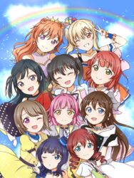  6+girls ahoge ariria_(nanayuri) asaka_karin black_hair blue_eyes blue_hair blush braid brown_hair collarbone emma_verde green_eyes green_hair highres idol konoe_kanata long_hair looking_at_viewer love_live! love_live!_nijigasaki_high_school_idol_club miyashita_ai mole mole_on_collarbone multicolored_hair multiple_girls multiple_moles nakasu_kasumi one_eye_closed open_mouth osaka_shizuku pink_hair purple_eyes rainbow red_eyes short_hair smile takasaki_yu tennoji_rina twin_braids twintails uehara_ayumu yuki_setsuna_(love_live!) yume_ga_koko_kara_hajimaru_yo_(love_live!) 