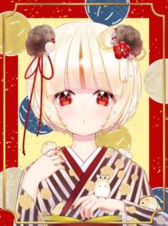  animal animal_on_hand bad_id bad_pixiv_id black_flower blonde_hair blush commentary_request female flower hair_flower hair_ornament hair_ribbon hamster hands_up highres japanese_clothes kimono kuma_no_yume long_sleeves looking_at_viewer nail_polish original parted_lips partial_commentary red_eyes red_nails red_ribbon ribbon short_hair solo striped_clothes striped_kimono upper_body vertical-striped_clothes vertical-striped_kimono wide_sleeves 