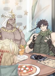  3boys battle_tendency black_hair black_spaghetti blonde_hair blue_eyes blue_jacket brown_hair caesar_anthonio_zeppeli cafe dark-skinned_male dark_skin earrings eating electricity fingerless_gloves food fork gloves headband hoop_earrings jacket jewelry jojo_no_kimyou_na_bouken joseph_joestar joseph_joestar_(young) lip_piercing male_focus margherita_pizza multiple_boys necklace one_eye_closed parfait pasta piercing pizza scarf shoulder_spikes spaghetti spikes striped_clothes striped_scarf tank_top topless_male turban yepnean 