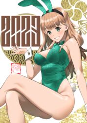  2023 animal_ears black_hairband blush breasts brown_hair chiarashi_mahina chinese_zodiac crossed_legs fake_animal_ears fake_tail female green_eyes green_leotard grin hairband hand_up highleg highleg_leotard highres invisible_chair leotard looking_at_viewer nagashii_kouhei playboy_bunny rabbit_ears rabbit_tail scary_campus_college_university sitting smile solo tail wrist_cuffs year_of_the_rabbit 