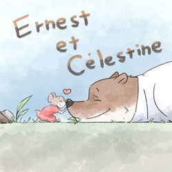  1:1 anthro bear blush brown_body brown_fur celestine_(ernest_and_celestine) closed_eyes clothed clothing digital_media_(artwork) duo ernest_(ernest_and_celestine) ernest_and_celestine female fur grey_body grey_fur heart_symbol hi_res male mammal mouse murid murine nose_to_nose overweight red_clothing rodent size_difference smile young 