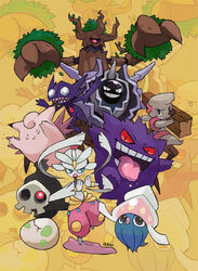  clefable cloyster commentary ditto duskull egg english_commentary gengar inkay looking_at_viewer medicham mega_medicham mega_pokemon niking no_humans photoshop_(medium) pokemon pokemon_(creature) pokemon_egg sableye signature smile timburr tongue tongue_out trevenant yellow_background zoom_layer 