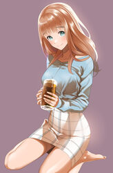  alcohol bare_legs barefoot beer blue_shirt breasts brown_hair chiarashi_mahina closed_mouth cup female green_eyes grey_background highres holding holding_cup large_breasts long_hair looking_at_viewer miniskirt nagashii_kouhei scary_campus_college_university shirt simple_background sitting skirt smile solo wariza white_skirt 