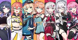  6+girls ahoge aqua_dress baseball_cap belt black_belt black_choker black_gloves black_skirt black_tank_top blonde_hair blue_hair blue_hoodie bow bowtie choker collared_shirt column_lineup commentary crop_top cropped_jacket drawstring dress elbow_gloves fingerless_gloves fishnet_pantyhose fishnets frilled_dress frills gloves green_eyes grey_eyes grey_hair hairbow hat headphones heterochromia highres hood hoodie idios igarashi_rika igarashi_rika_(1st_costume) ishigami_nozomi ishigami_nozomi_(1st_costume) jacket kaburaki_roco kaburaki_roco_(1st_costume) koshimizu_toru koshimizu_toru_(1st_costume) kuramochi_meruto kuramochi_meruto_(1st_costume) long_hair multiple_girls navel nijisanji off_shoulder one_eye_closed open_clothes open_jacket open_mouth orange_hair pants pantyhose pink_eyes pink_hair plaid plaid_skirt pouch purple_eyes red_thighhighs rene_(kuramochi_meruto) shirt shishido_akari shishido_akari_(1st_costume) short_hair single_thighhigh skirt smile sophia_valentine sophia_valentine_(1st_costume) symbol-only_commentary tank_top thigh_strap thighhighs triangle triangle_hair_ornament virtual_youtuber waka_(wk4444) white_bow white_jacket white_pants yellow_belt 