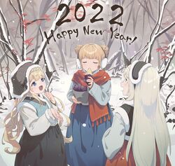  2022 3girls arhat_(destiny_child) aurora_(destiny_child) blue_eyes bolkki closed_eyes destiny_child double_bun earmuffs food hair_bun hanbok happy_new_year highres holding holding_food korean_clothes korean_commentary leaf long_hair maple_leaf multiple_girls new_year nirrti_(destiny_child) scarf single_hair_bun snow sweet_potato very_long_hair wavy_hair winter wonchun 