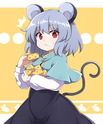  :&lt; ^^^ animal_ears animal_print aqua_capelet black_dress breasts capelet cheese closed_mouth commentary constricted_pupils cowboy_shot crumbs dress eating female food food_on_face grey_hair hands_up highres holding holding_food letterboxed long_dress long_sleeves looking_at_viewer mandarin_collar mouse_ears mouse_print mouse_tail nazrin popped_collar raised_eyebrows red_eyes rizento shirt short_hair sidelocks small_breasts solo sweatdrop tail touhou undershirt white_shirt yellow_background 