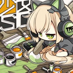  7:08 absurdres animal_ear_headphones animal_ears black_footwear black_gloves black_jacket blonde_hair cat_ear_headphones cat_ears character_name chibi commentary_request expressionless fake_animal_ears female floor girls&#039;_frontline gloves green_eyes hair_between_eyes headphones highres holding holding_paintbrush jacket long_hair no_mouth no_nose paint paintbrush painting_(action) seiza sidelocks sitting solo spray_can thigh_strap tmp_(girls&#039;_frontline) very_long_hair wariza 