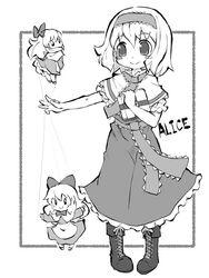  3girls alice_margatroid ascot blush book boots border capelet character_name closed_mouth doll dress frilled_ascot frilled_sash frills full_body greyscale hair_ornament hair_ribbon hairband hand_up holding hourai_doll lolita_hairband mini_person minigirl monochrome multiple_girls outside_border outstretched_hand puffy_short_sleeves puffy_sleeves puppet puppet_strings ribbon sash shanghai_doll short_hair short_sleeves simple_background smile standing touhou white_background zubatto_(makoto) 